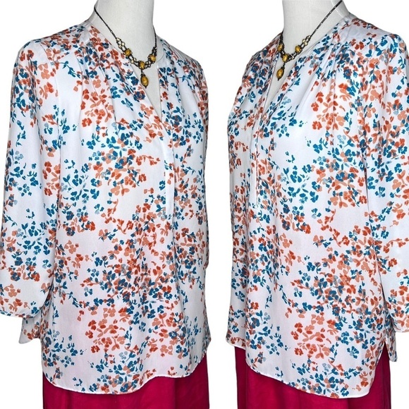 NYDJ White Peach Floral Print V Neck 3/4 Sleeve Pintuck Blouse Size Large P NWOT - Picture 5 of 14